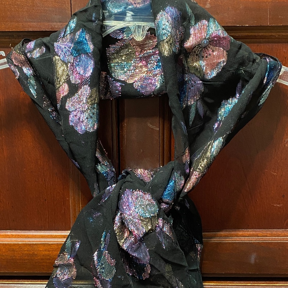 Vintage Amanda Smith 58” x 9” Multi color metallic black Floral Patterned Scarf